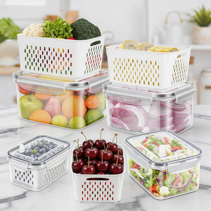 8 Pieces Fruit Storage Containers for Fridge with Lids and Strainer | 4Pack Fruit Containers for Fridge, Fresh Produce Saver Keeper for Vegetable Fruit Salad, BPA Free Organizer for Refrigerator