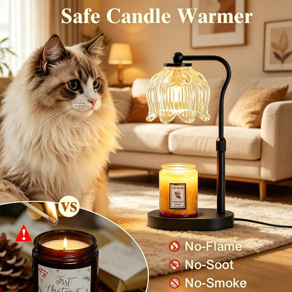 CASTLELIFE Electric Candle Warmer Lamp with Timer & Dimmer, Height Adjustable Wax Warmer for Jar Candles, Flower Wax Melter with Wood Base, Home Decor House Warming Gifts for Women Mom, Natural Wood