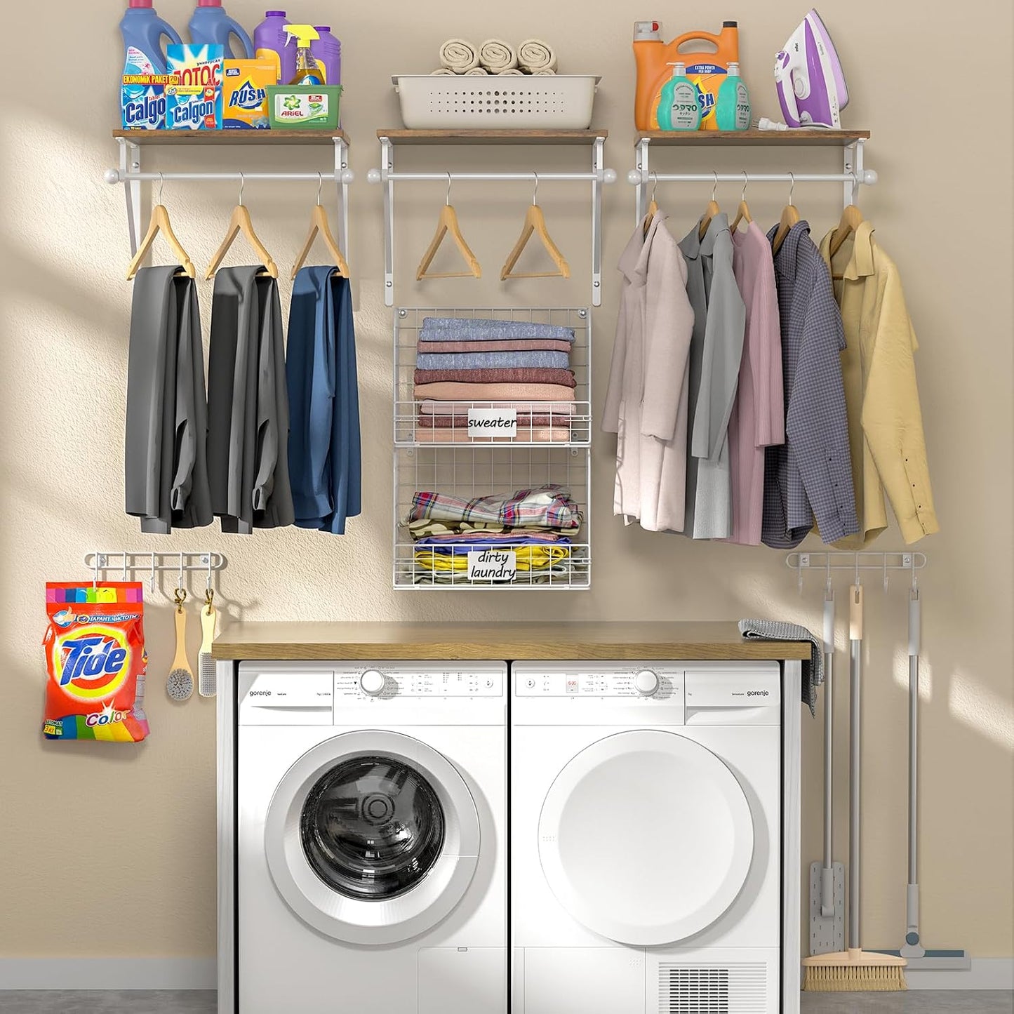 Laundry Room Shelves Wall Mounted with Wire Baskets, Over the Washer and Dryer Shelf with Clothes Drying Rack, Wire Shelves Baskets for Laundry Closet Organization and Storage, Wood+Metal, Black