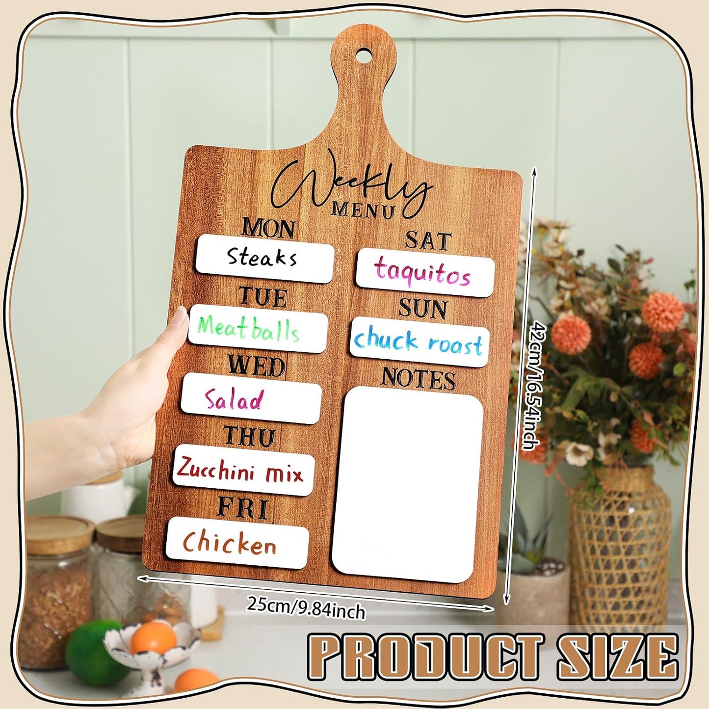 Honeydak Menu Chalkboard for Kitchen Weekly Meal Planner Wood, 6 Pens | Dry Erase Menu Board with 7 Day Layout, 6 Markers Included, Farmhouse Wood Design for Family Kitchen Food Organization