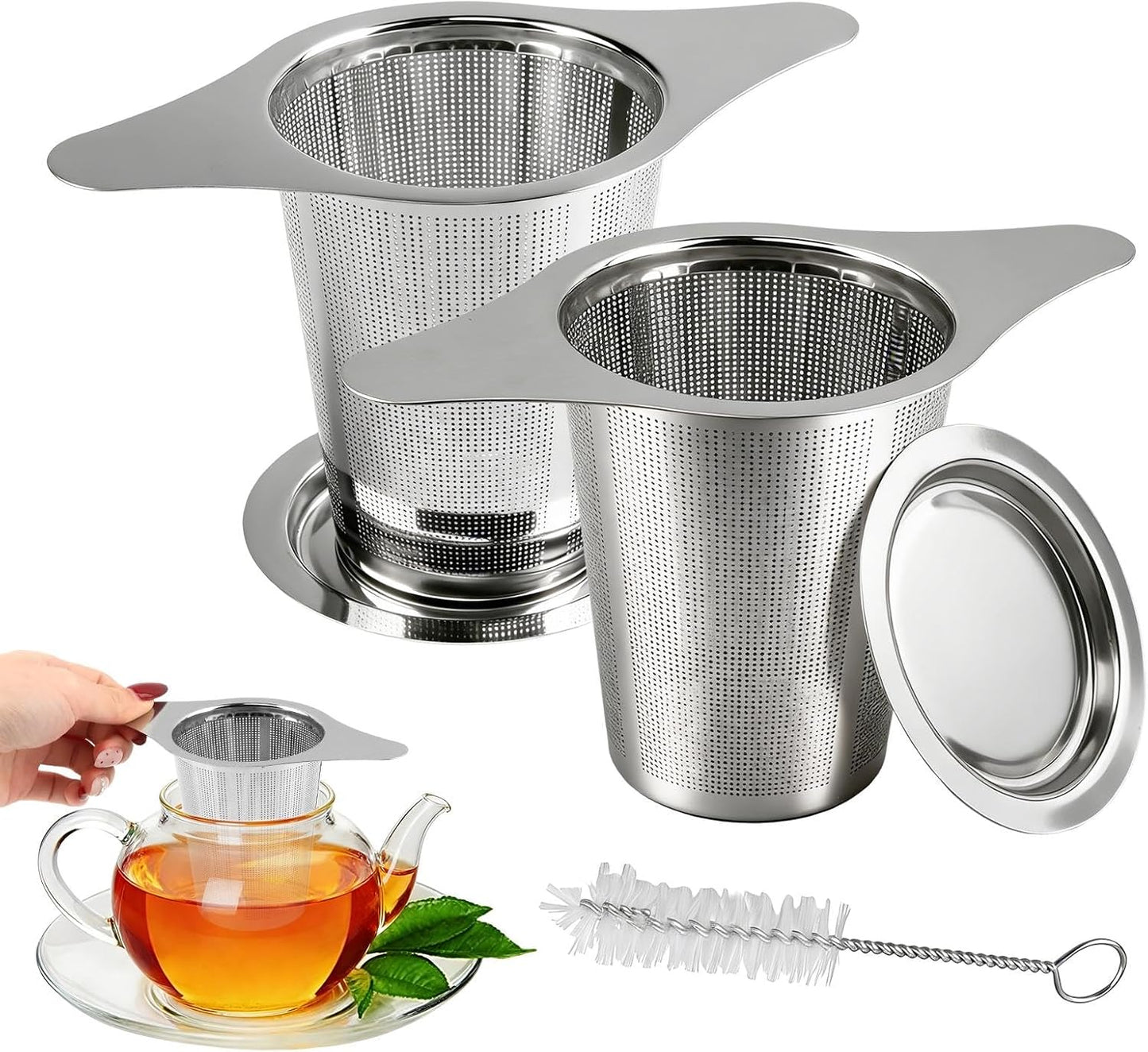2Pcs Stainless Steel Tea Infuser with Lid, Reusable Loose Leaf Tea Steeper Ultra Fine Mesh TeaStrainer with Double Handles, Large Capacity Teapot Filter Fits Mugs Cups