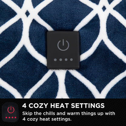 Brookstone Electric Heated Plush Throw - Heated Blankets - 4 Heat Settings, 4-Hour Auto Shut Off, 100% Polyester, 50"x60" - Blue Trellis