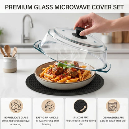 9.5 Inch Borosilicate Glass Microwave Splatter Cover with Silicone Mat | Clear microwave cover for food with dual vents keeps meals visible while helping reduce splatter and steady plates