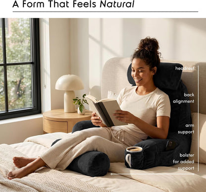 Nestl Reading Pillow with Shredded Memory Foam, Designed for Sitting Up in Bed and Couch, Back and Arms Adjustable Support for Adult & Teens Backrest Pillows for Reading, with Washable Cover Dark Grey