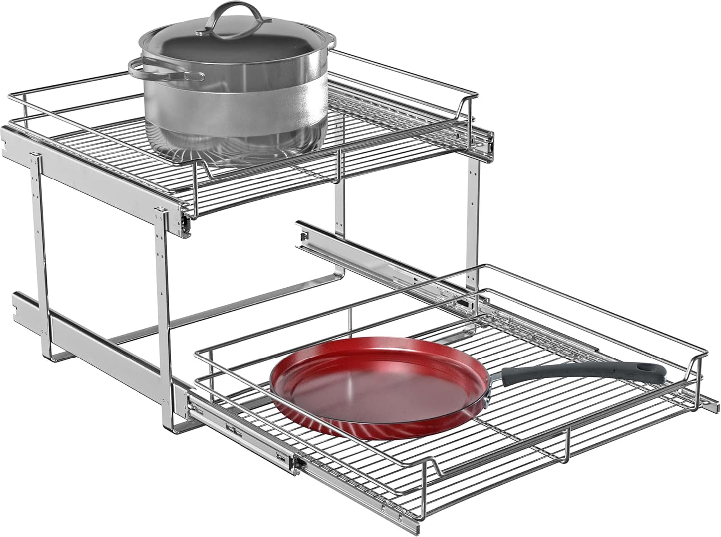 2-Tier Cabinet Pull Out Shelves, 14" W x 22" D, Chrome | Heavy-Gauge Wire Kitchen Cabinet Organizer, 100 lbs Capacity, Ball-Bearing Glides, Min 15" Opening, For Tupperware & Bowls