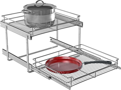 2-Tier Cabinet Pull Out Shelves, 14" W x 22" D, Chrome | Heavy-Gauge Wire Kitchen Cabinet Organizer, 100 lbs Capacity, Ball-Bearing Glides, Min 15" Opening, For Tupperware & Bowls