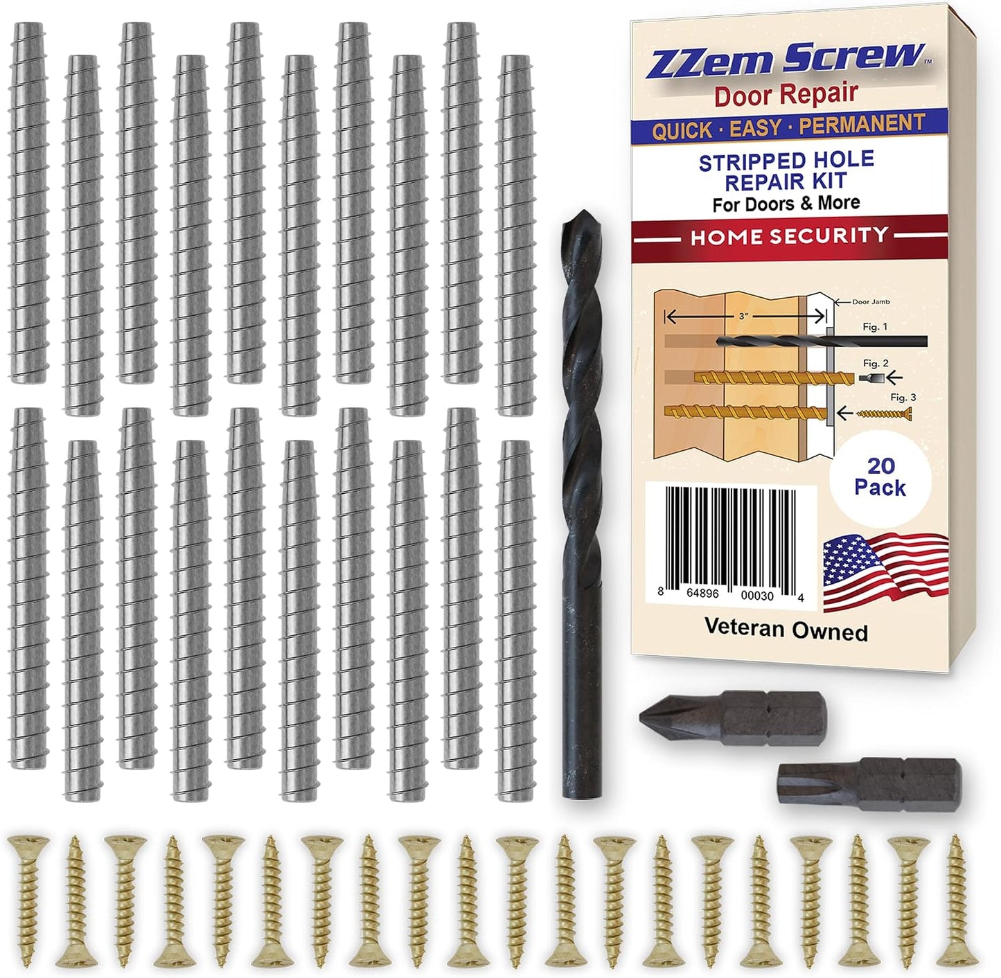 4-Pack #9 x 3 Permanent Stripped Door Hinge Screw Hole Repair Kit | Reinforces hinges, strike plates and door jambs. Installs in minutes. Made in USA