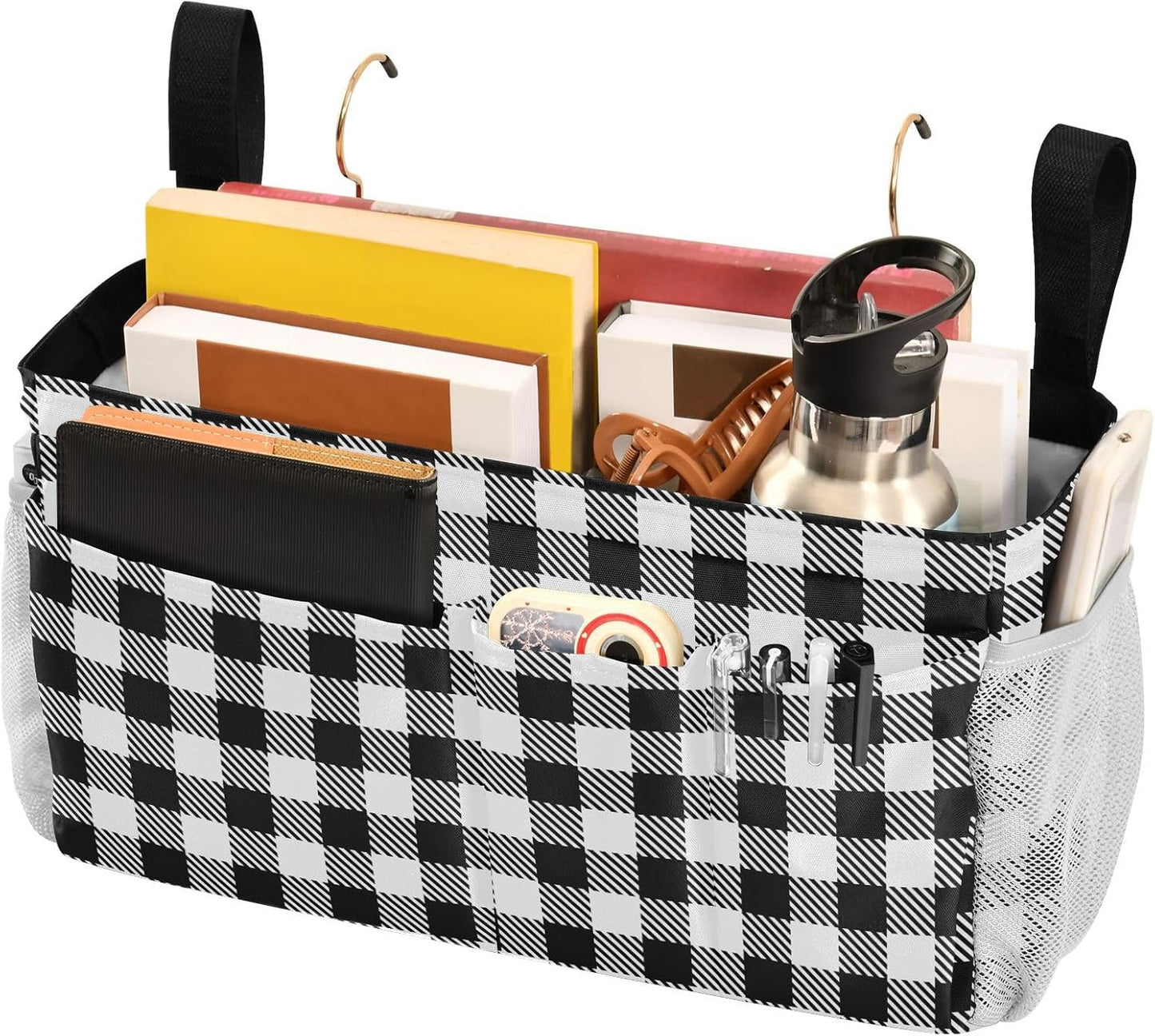 Black Bedside Caddy Storage Bag Bedside Organizer for Bed Rails College Dorm Room Organizer Caddy Hanging Shelf 6 Pockets with Hooks for Drinks Magazine Phone Holder