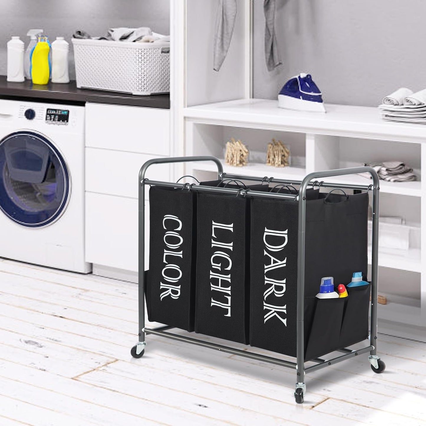 STORAGE MANIAC 3 Section Laundry Sorter, 35.6 Gal (135 L) Laundry Hamper Cart with Heavy Duty Rolling Lockable Wheels and Removable Bags, Clothes Organizer Basket Separator Hamper, Gray