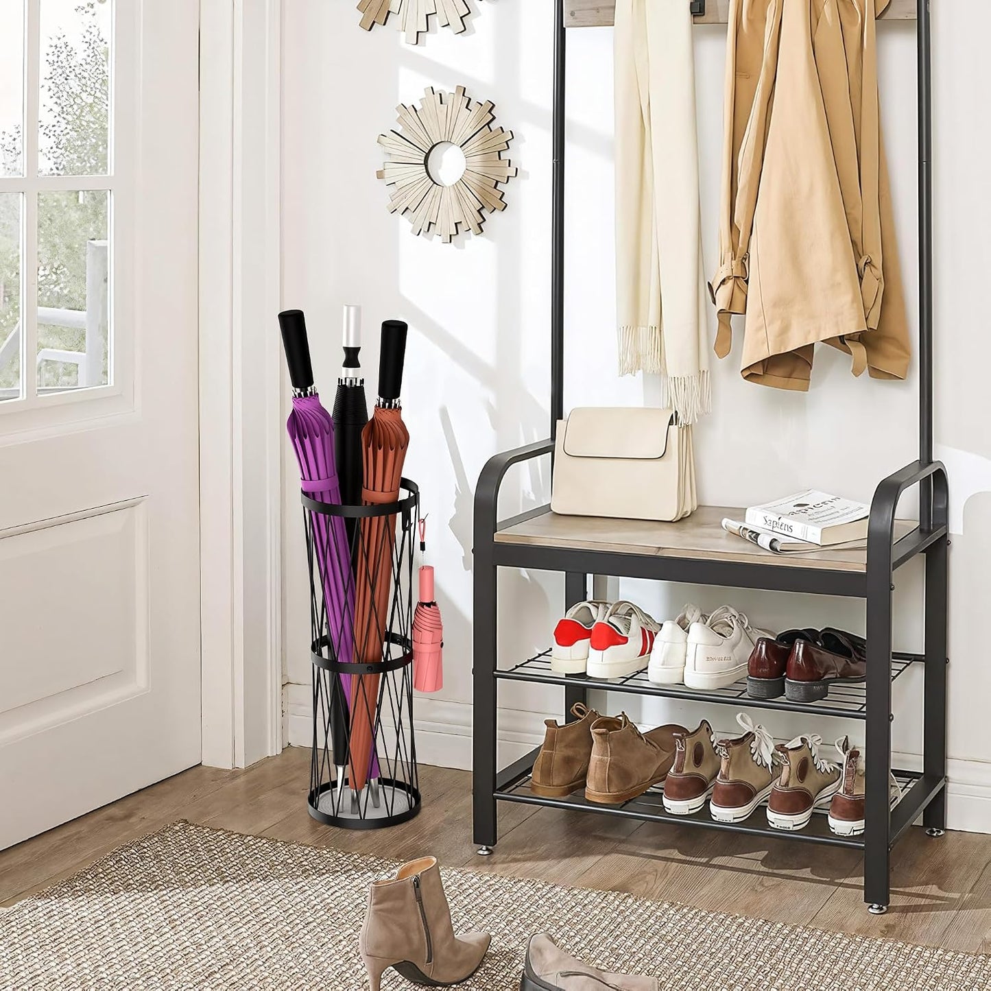 Invech 23 Inch Umbrella Holder for Indoor Entryway, Large Metal Umbrella Stand with Removable Water Tray and Hooks, Umbrella Rack Storage for Home, Office, Hotel