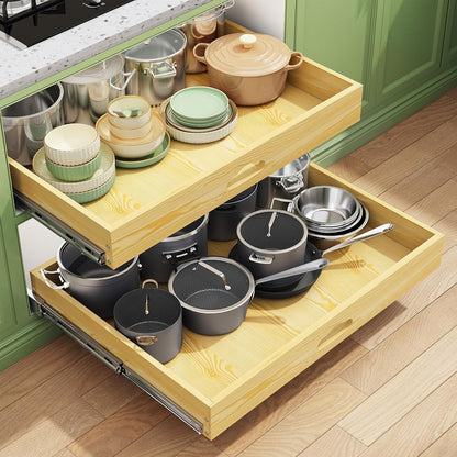 Pull Out Cabinet Organizer, Soft Close Wooden Slide Out Drawers for Pots and Pans, Full-extension Roll Out Shelves for Kitchen Cabinets, Pantry Organization, Bottom & Side Mount(15"W X 21"D x 3.4''H)