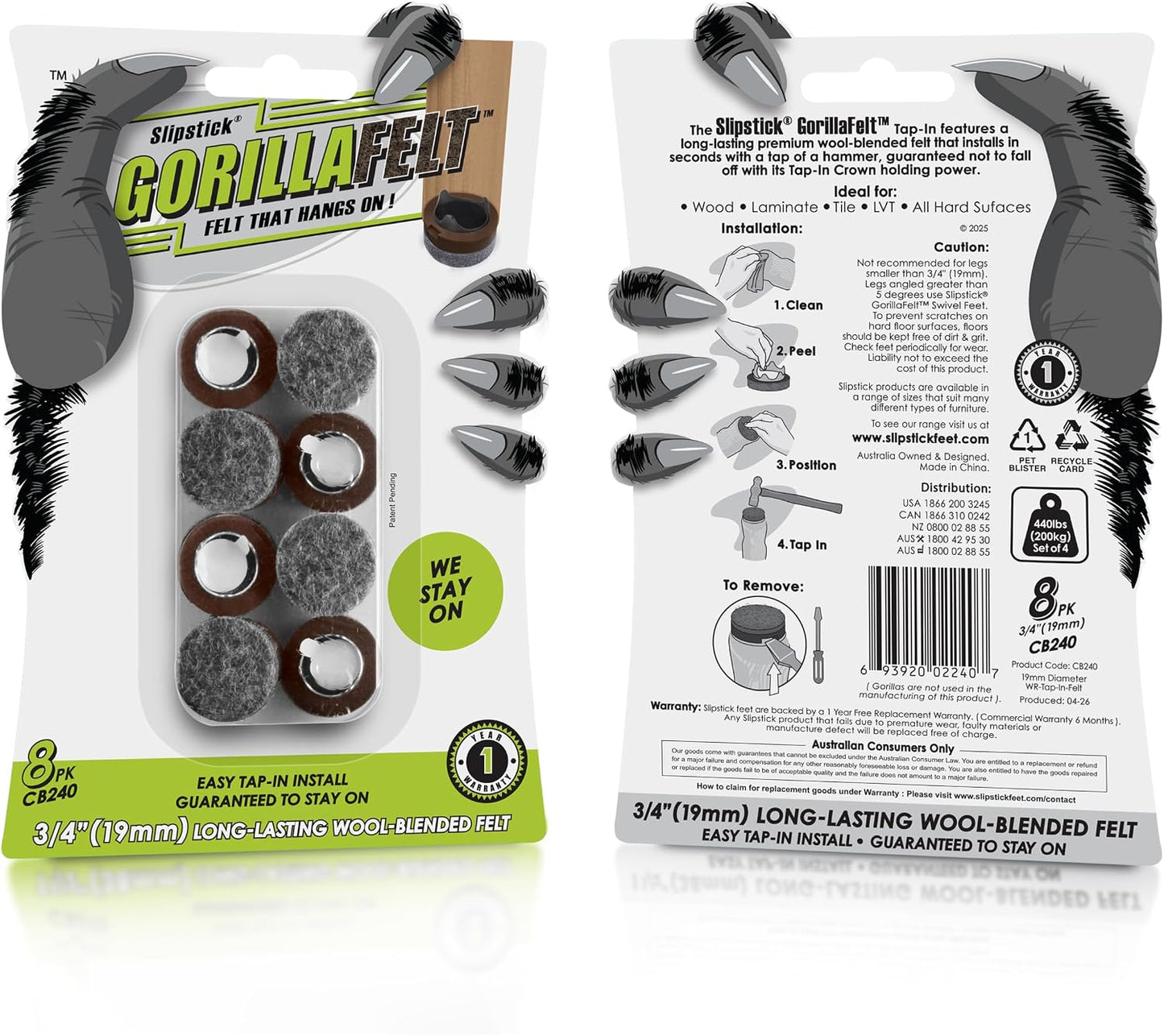 Slipstick Gorilla Felt Furniture Pads (189 Piece Variety Pack) Premium Furniture Pads & Chair Leg Floor Protectors for Hardwood Floors & Hard Surfaces