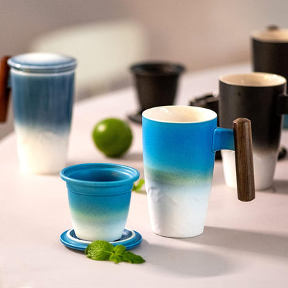 suyika Ceramic Tea Cup with Infuser and Lid Tea Mugs Wooden Handle 400ml/13.5oz Dark Green