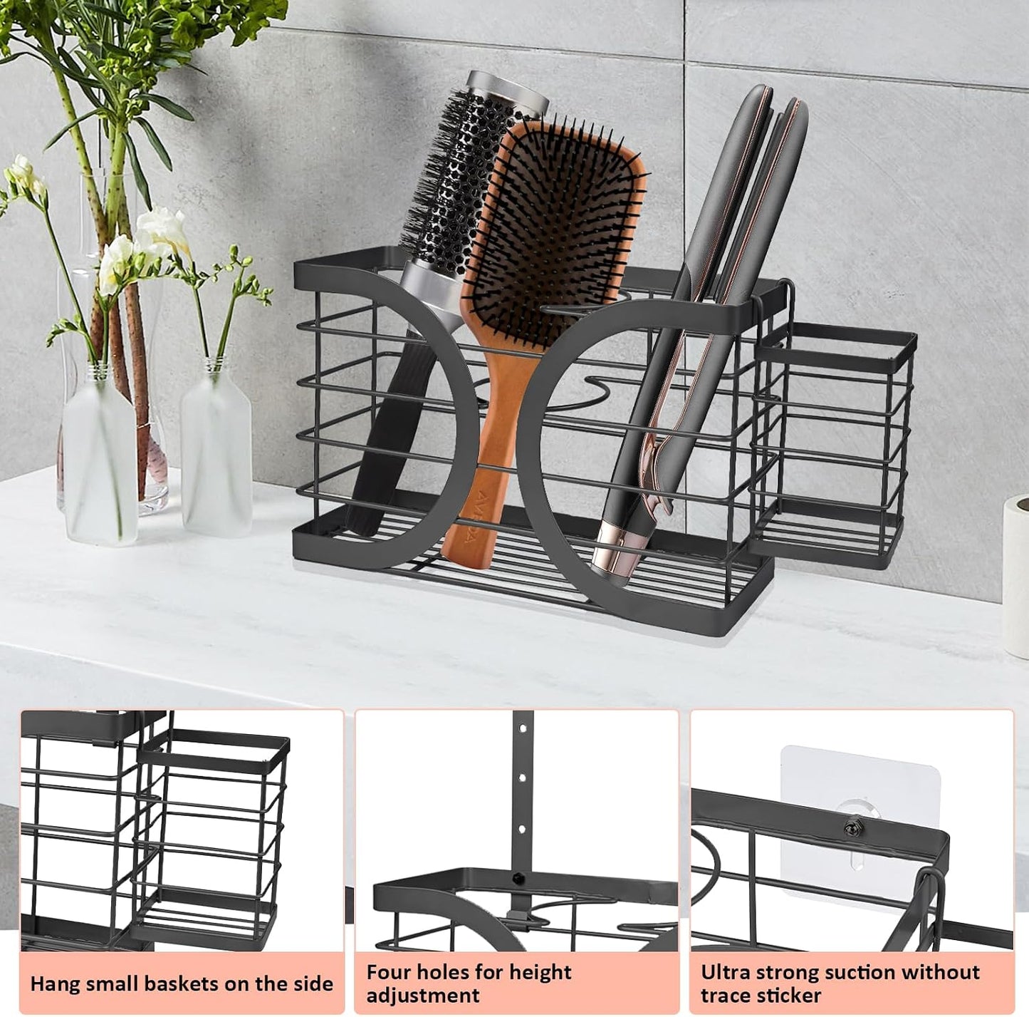 Elegant White Cabinet Door/Wall Mounted 3-in-1 Hair Dryer Holder | Stylish Bathroom Organiser, For Hair Dryer & Straightener, Hair Brush & Accessories