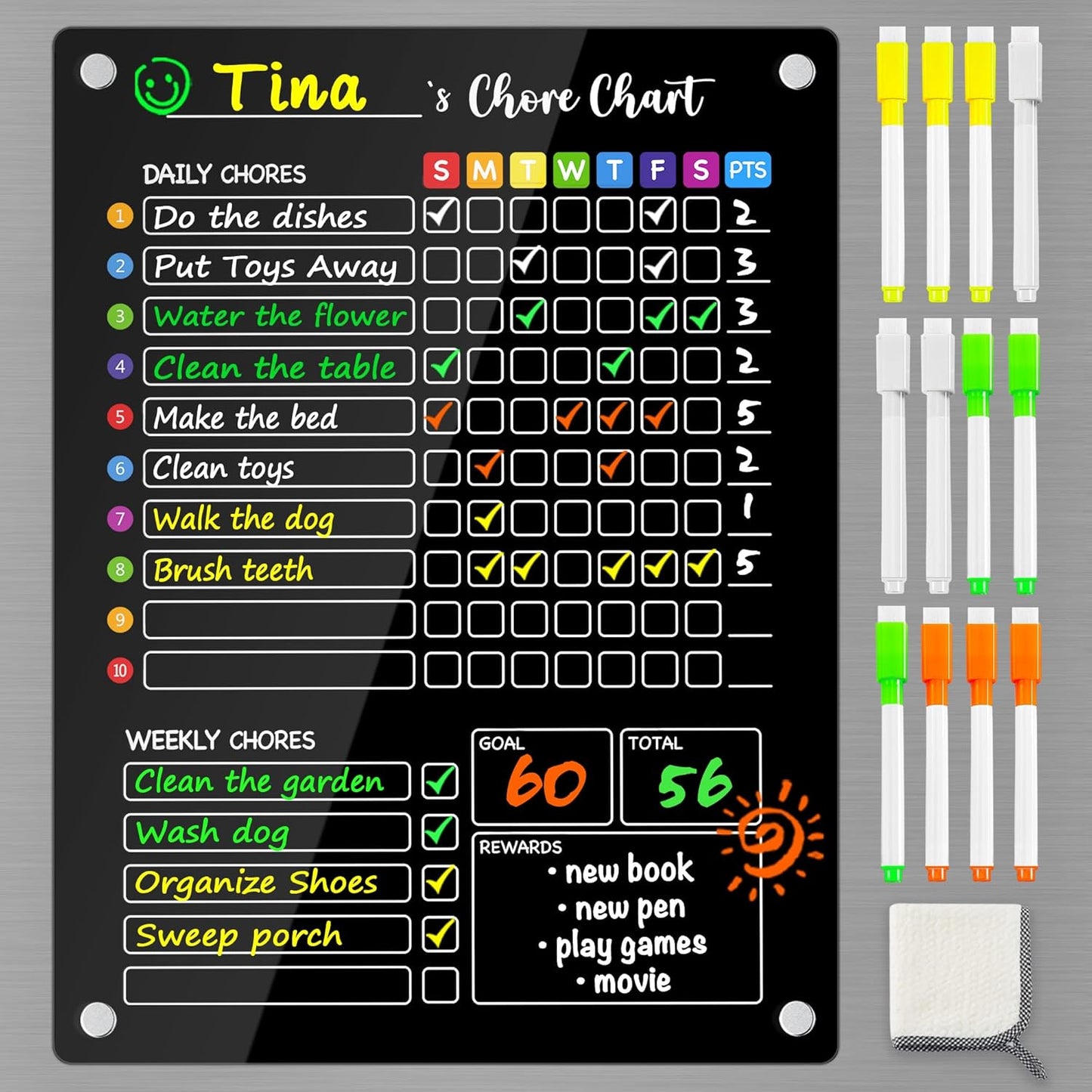 PigPotParty 2-in-1 Acrylic Magnetic Chore Chart for 2 Kids, Large 16x12 in | Clear Dry Erase Fridge Chore Board for Teens, Roommates; Vibrant Layout; Embedded Magnets; 12 Wet-Erase Markers and Towel