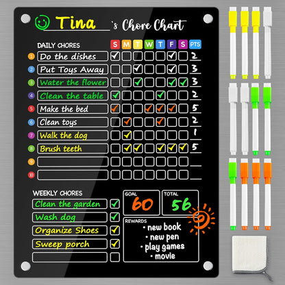 PigPotParty 2-in-1 Acrylic Magnetic Chore Chart for 2 Kids, Large 16x12 in | Clear Dry Erase Fridge Chore Board for Teens, Roommates; Vibrant Layout; Embedded Magnets; 12 Wet-Erase Markers and Towel