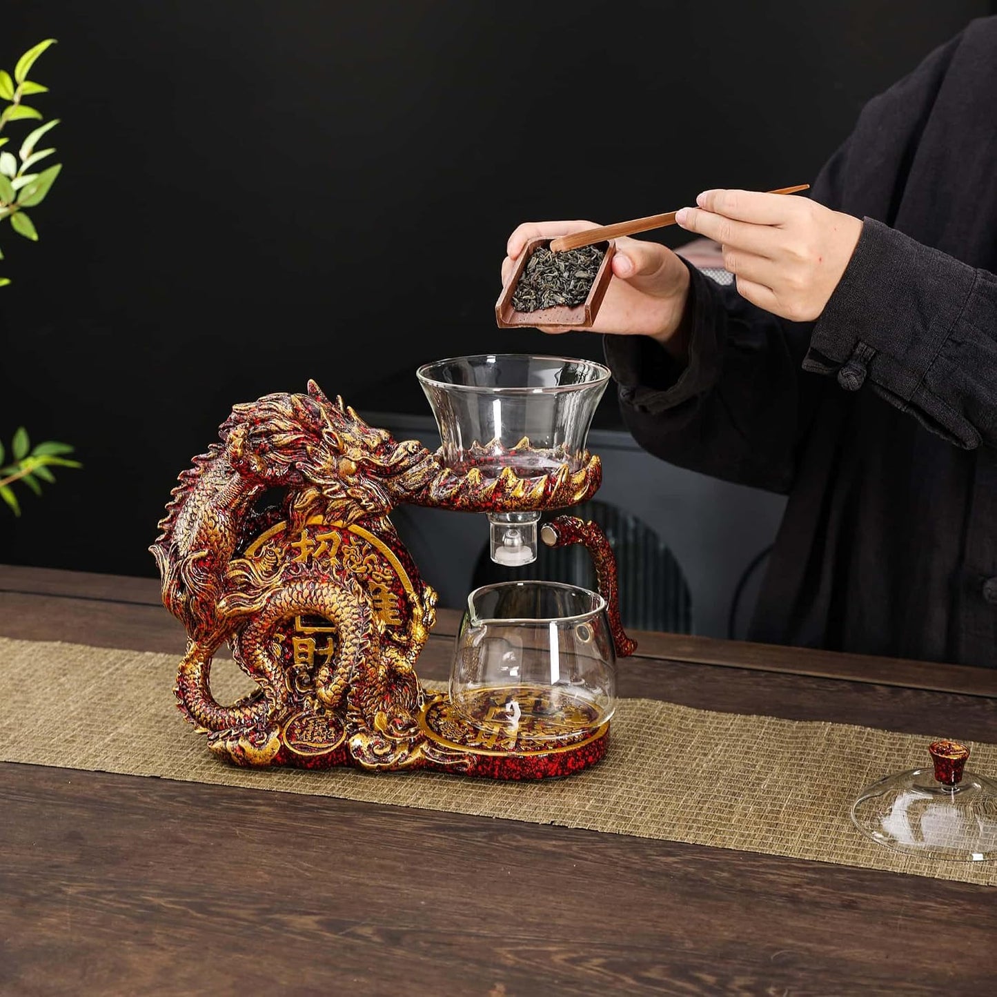Glass Teapot Set with Infuser Semi Automatic Dragon Tea Set (Blue golden teapot)