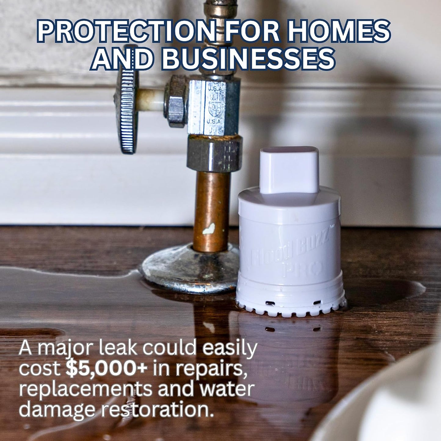 Flood Buzz Pro Water Leak Detectors for Homes & Businesses - 4-Pack | No Setup Required - 110db alarm - Under Sink, Toilet, Basement, Attic, RV, Water Heater, Dishwasher - Reusable Alarm