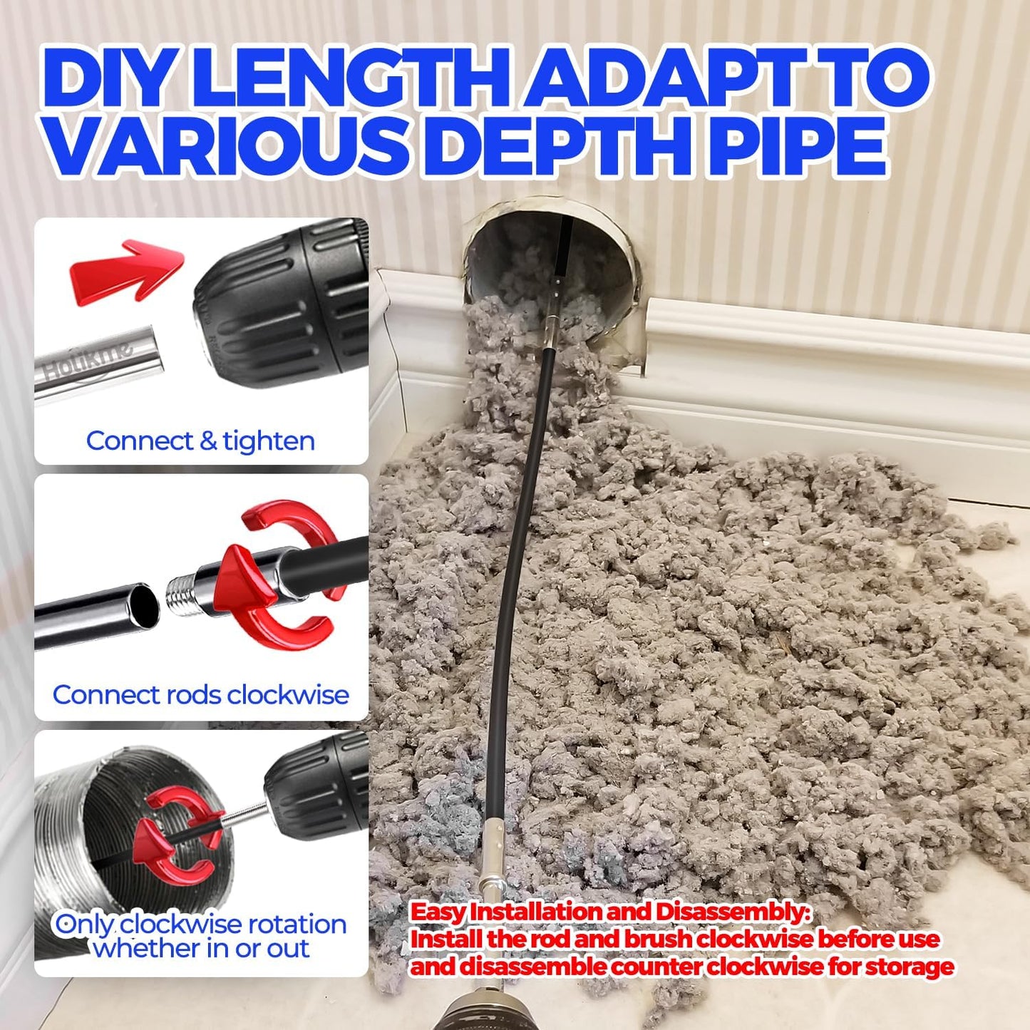 Holikme Dryer Vent Cleaner Kit - 40Ft Flexible Lint Brush for Deep Cleaning | Dryer Vent Cleaner Brush with Drill Attachment, Removes Years of Lint Buildup, Improves Airflow, Faster Drying & Fire Safety