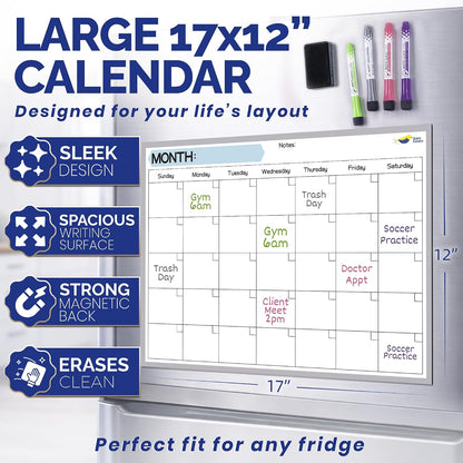 Large Magnetic Weekly Planner for Fridge, Dry Erase Whiteboard | 17x12" Stain-Resistant Surface, Strong Full-Back Magnet, 7-Day Weekly Planner for Meals & Chores, 4 Markers & Eraser