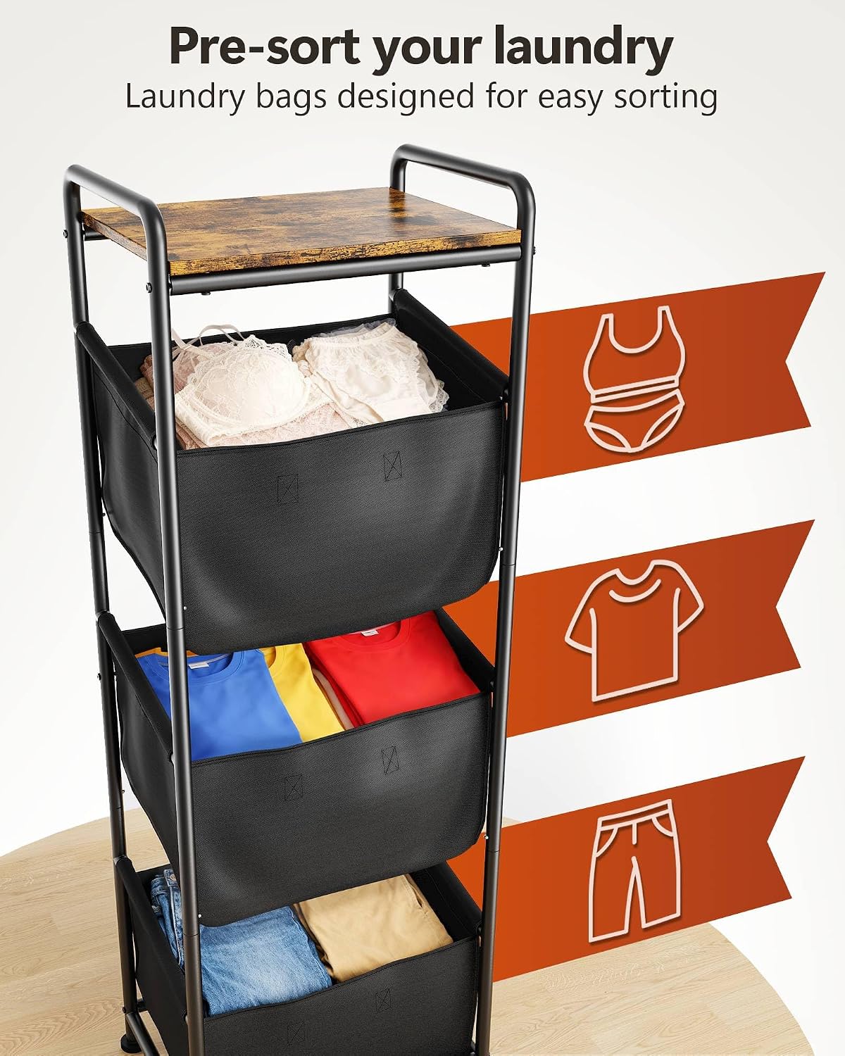 3 Section Laundry Sorter with Removable Bags, 120L Rolling Vertical Laundry Hamper, Stackable Laundry Baskets organizer for Bathroom, Apartment, Dorm (Beige, With Wheel)