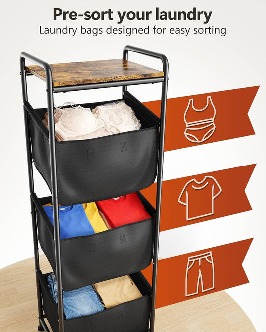 3 Section Laundry Sorter with Removable Bags, 120L Rolling Vertical Laundry Hamper, Stackable Laundry Baskets organizer for Bathroom, Apartment, Dorm (Beige, With Wheel)