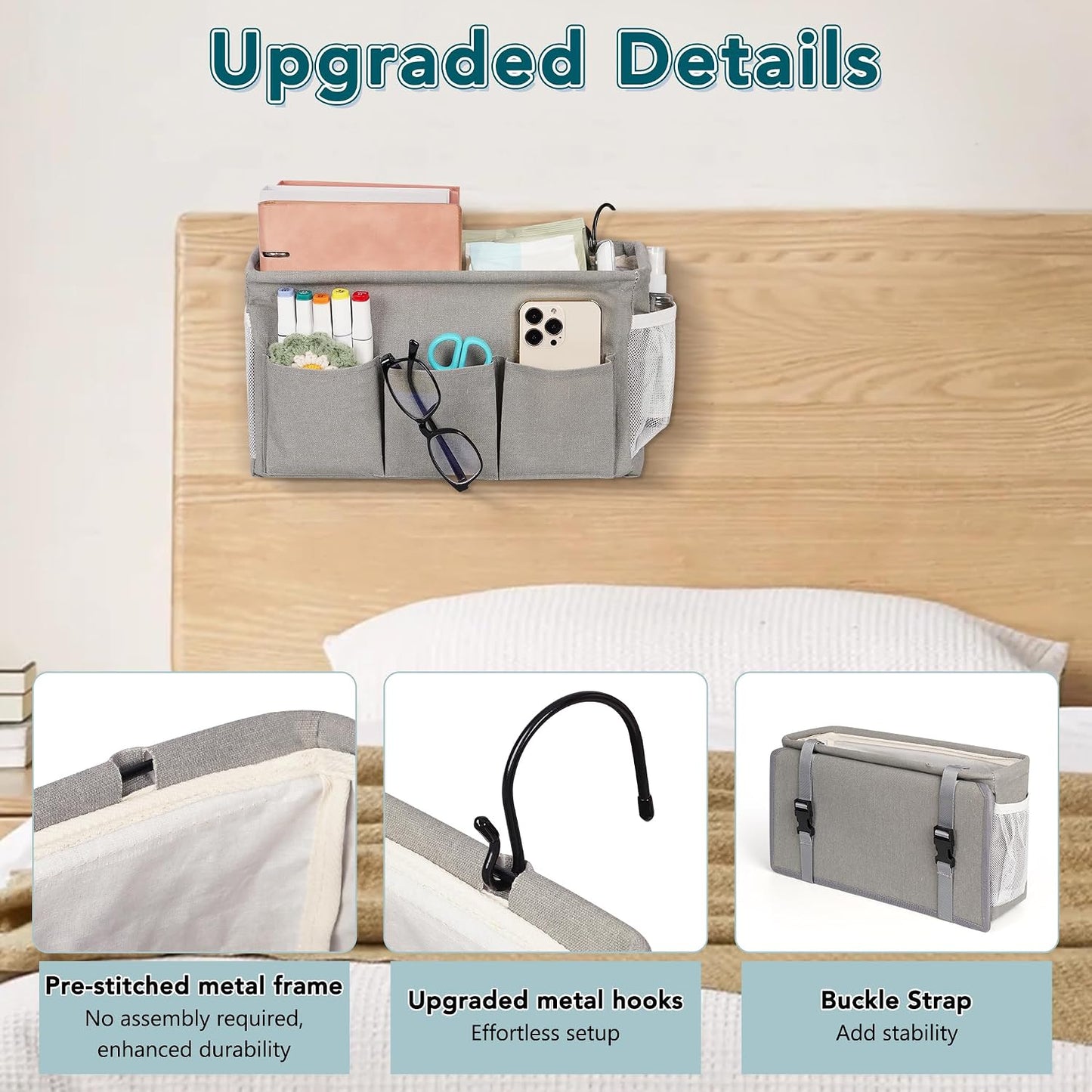 Bedside Caddy, Bedside Storage Bag Hanging Organizer for Bunk Dorm Bed Rail | Bed Caddy with Hooks, Top Bunks and Dorm Essentials for Water, Tissues, Tablets, Books, Phones, Remotes and Other Necessories