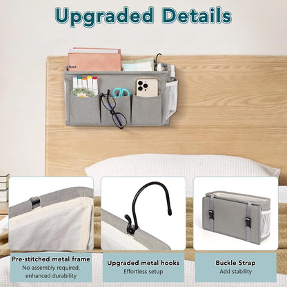 Bedside Caddy, Bedside Storage Bag Hanging Organizer for Bunk Dorm Bed Rail | Bed Caddy with Hooks, Top Bunks and Dorm Essentials for Water, Tissues, Tablets, Books, Phones, Remotes and Other Necessories