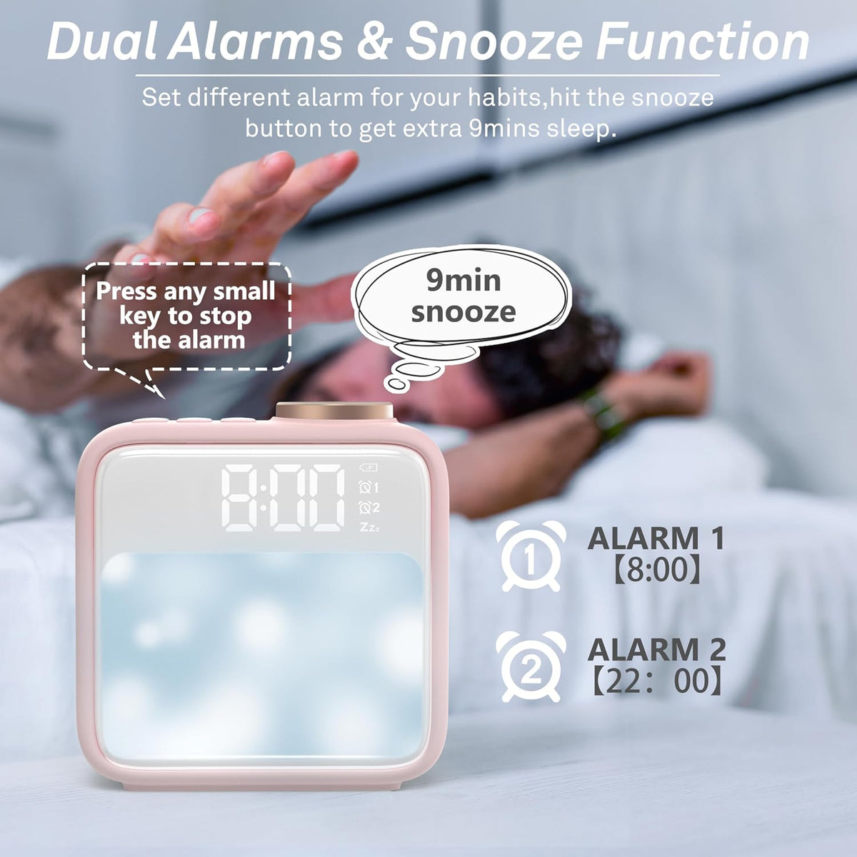 AIRIVO Alarm Clock Night Lights, Built-in Battery Alarm Clock for Bedrooms, 6 Scenes & White Noise Sync, Dual Alarms & Snooze, for Heavy Sleepers, Gifts for Kids Teens