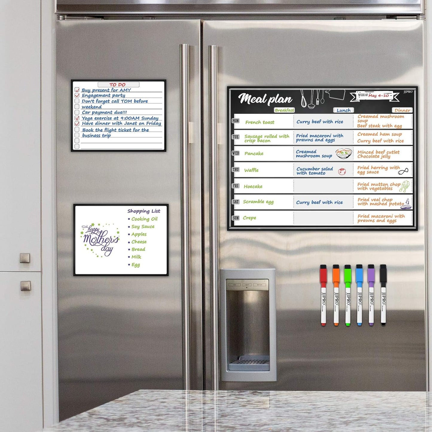 JJPRO Magnetic Dry Erase Meal Planning Whiteboard for Refrigerator-One 14.5x11 Weekly Menu Board and Two Notes Whiteboard for Kitchen Fridge-Refrigerator Organizer with Meal Planner Boards