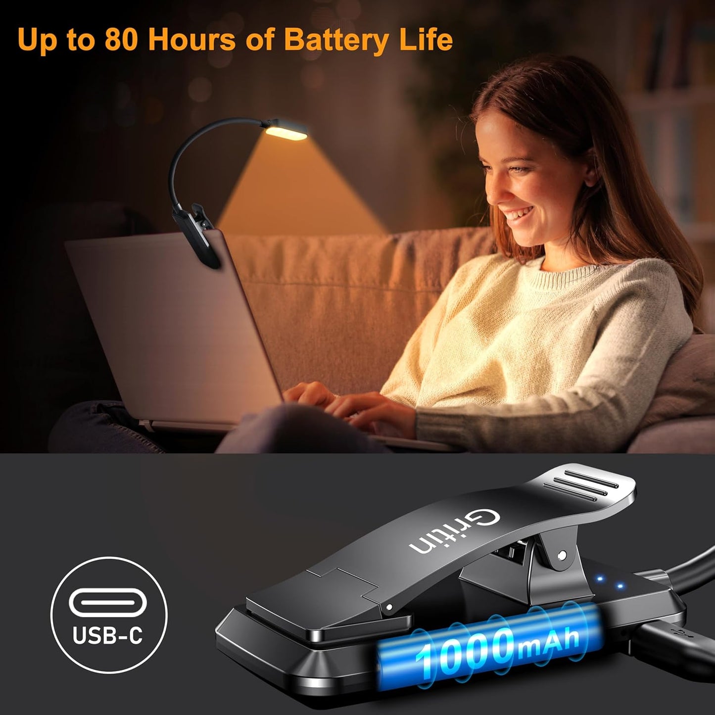 Gritin 16 LED Rechargeable Book Light for Reading in Bed | Eye Caring 3 Color Temperatures,Stepless Dimming Brightness,80 Hrs Runtime,Lightweight Flexible Clip on Light for Book Lovers