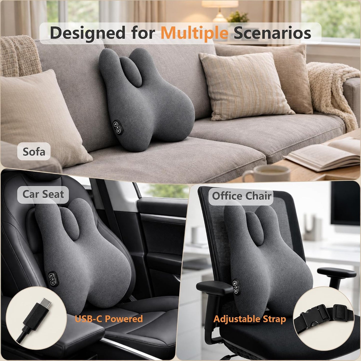 Lumbar Support Pillow with Heat and Vibration Massage for Lower Back Pain Relief & Comfort, Ergonomic Memory Foam Back Cushion with Adjustable Strap for Office Chair, Car Seat and Sofa, Grey