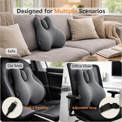 Lumbar Support Pillow with Heat and Vibration Massage for Lower Back Pain Relief & Comfort, Ergonomic Memory Foam Back Cushion with Adjustable Strap for Office Chair, Car Seat and Sofa, Grey