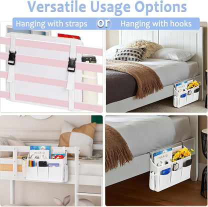 Loghot Bedside Caddy Organizer Bed Storage Bag for Dorm Hospital Crib White | 7 pockets bedside hanging organizer for phone books remotes, fits dorm hospital crib bunk beds, keeps organized easy access