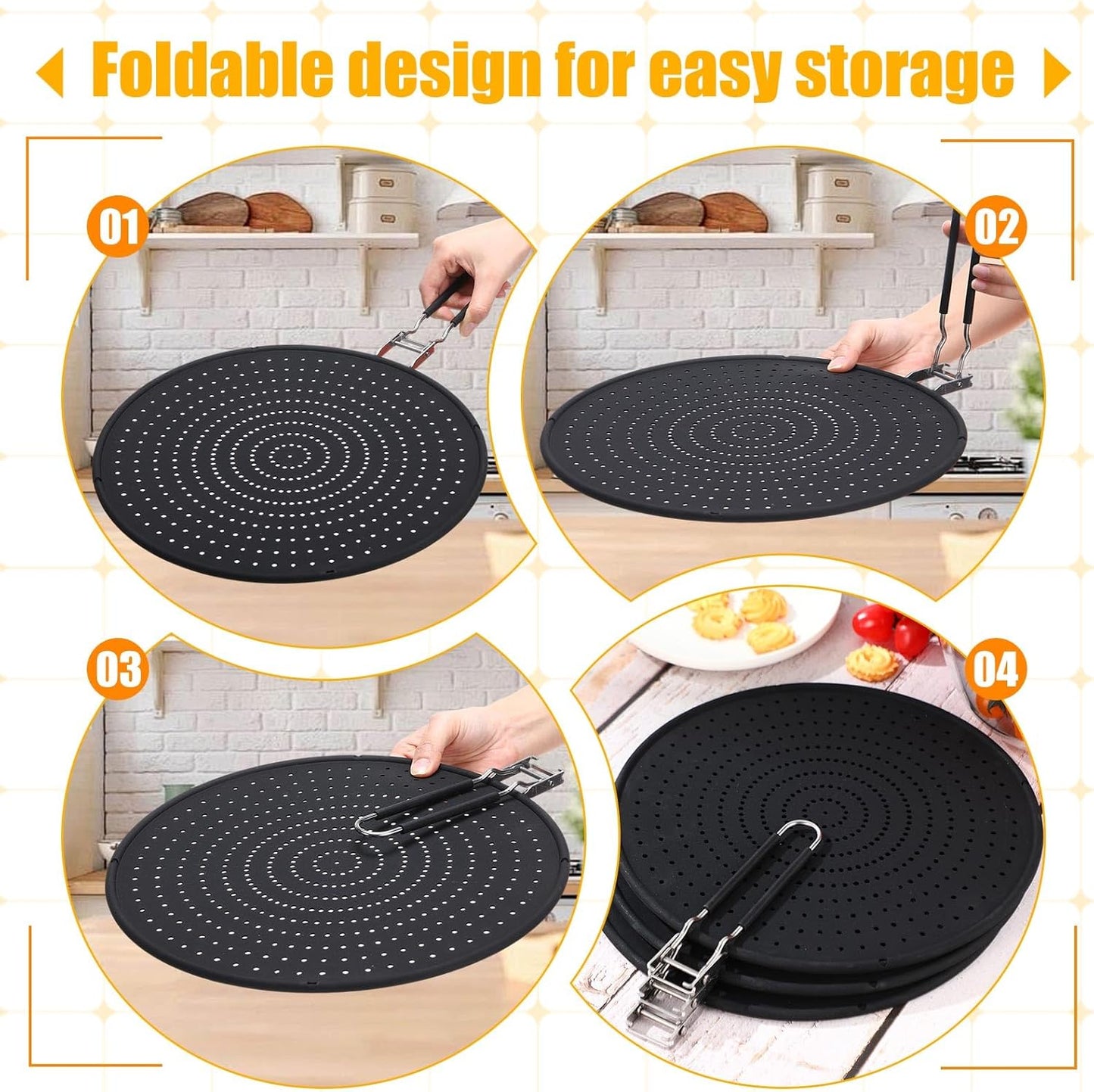 Tioncy 3 Pcs 12.6 Inch Silicone Splatter Screen for Frying Pan Grease Splatter Collapsible Guard Heat Resistant Multi Use for Baking and Cooking(Black)