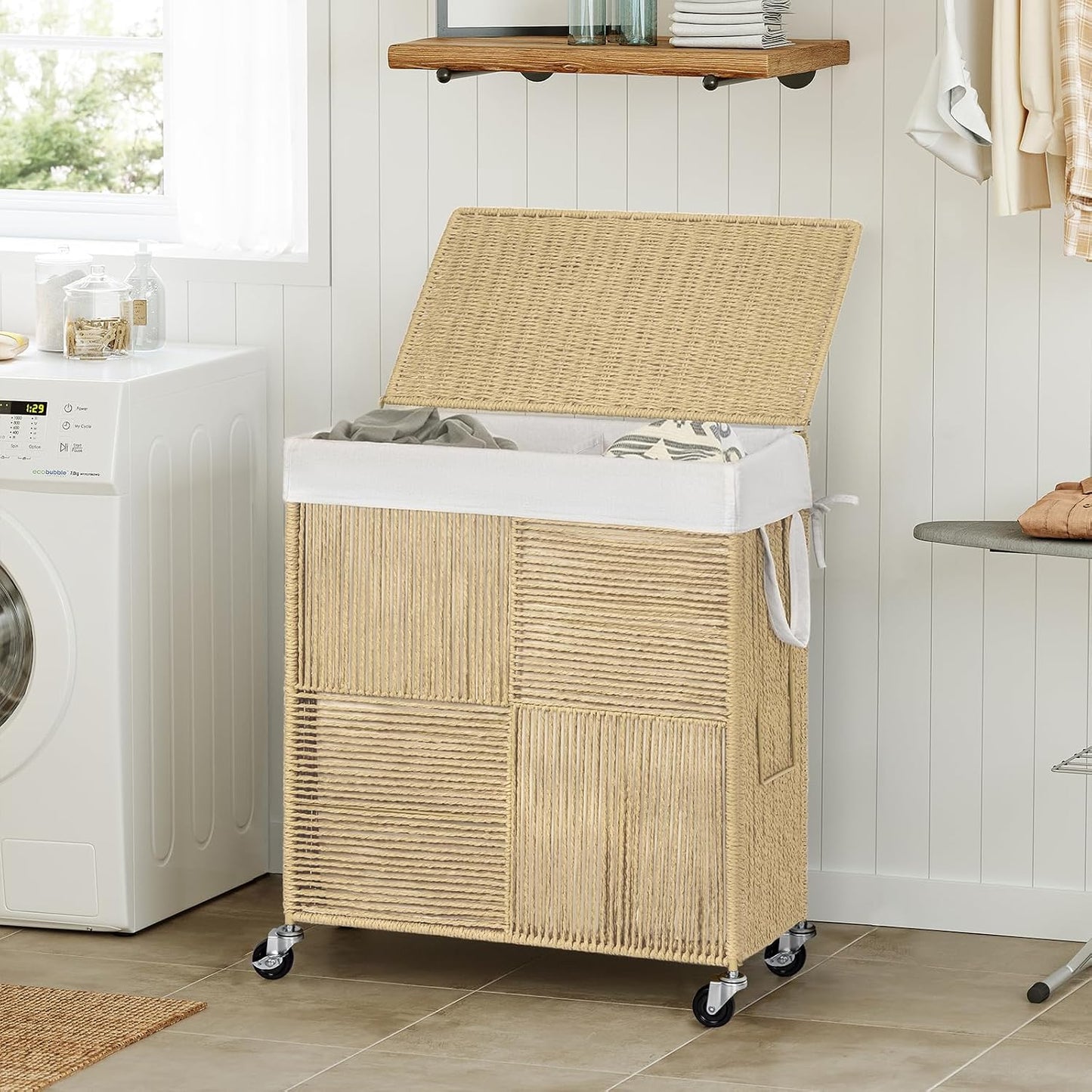 WOWLIVE Double Laundry Hamper with Wheels, Handwoven Rolling Laundry Basket | 115L Dirty Clothes Hamper with Lid, Removable Liner Bag, Large Capacity Laundry Sorter Laundry Room Organization, Green