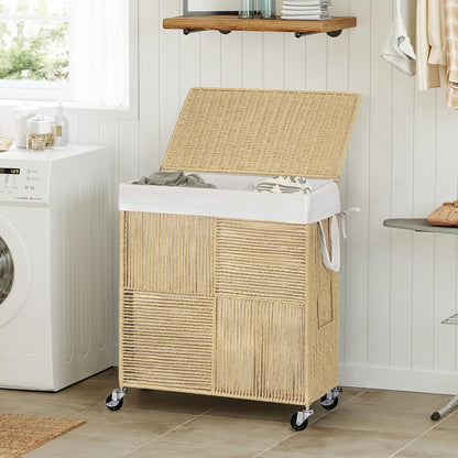 WOWLIVE Double Laundry Hamper with Wheels, Handwoven Rolling Laundry Basket | 115L Dirty Clothes Hamper with Lid, Removable Liner Bag, Large Capacity Laundry Sorter Laundry Room Organization, Green