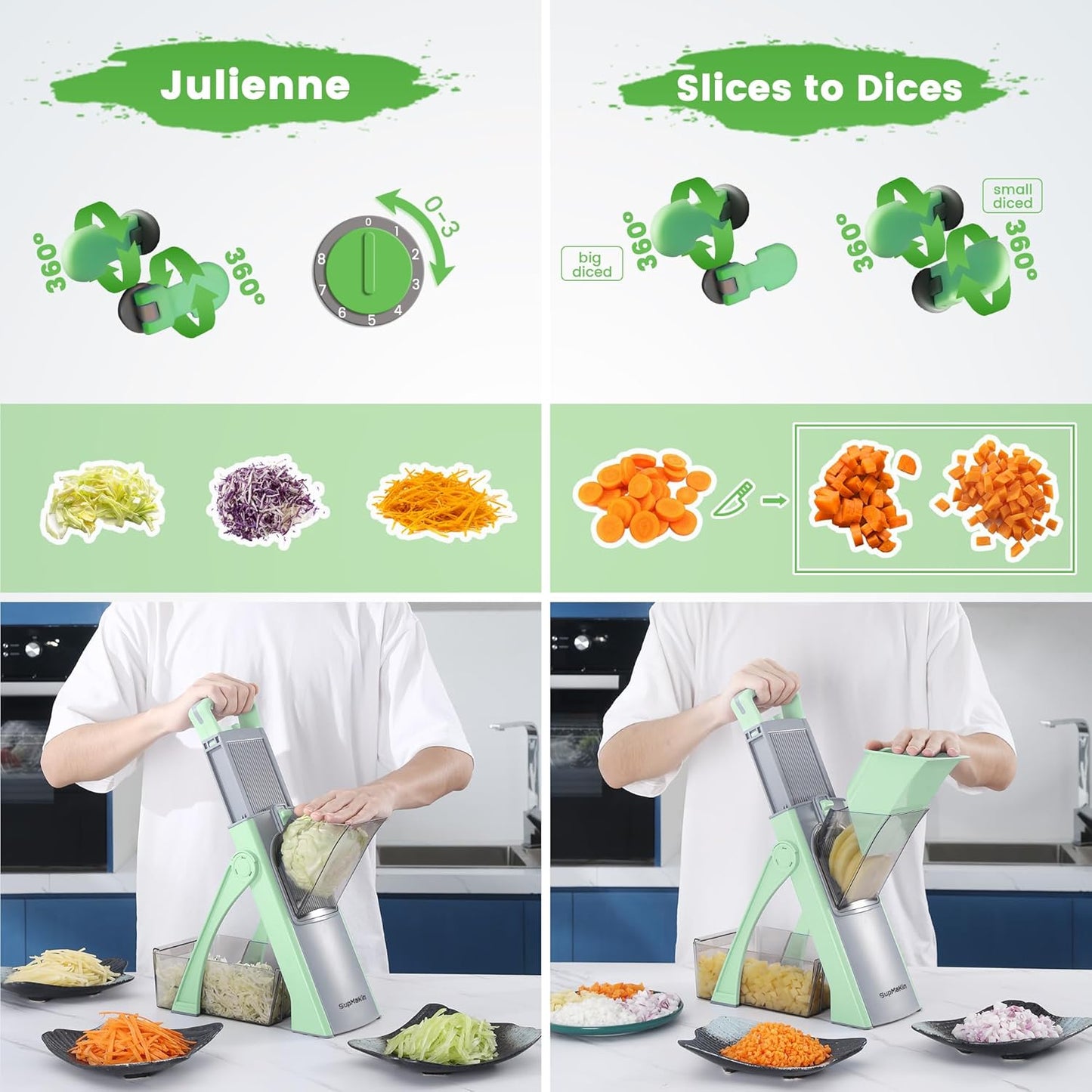 SupMaKin Safe Mandoline Slicer Plus for Kitchen Adjustable Vegetable Slicer | 0.1-8mm, Cut Resistant Stainless Steel Blades,Potato Fry Cutter, Onion Chopper, Detachable,Foldable Dishwasher Safe, Gifts