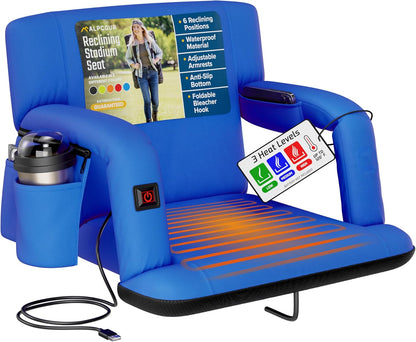 Heated Reclining Stadium Seat for Bleachers – Wide Bleacher Chair with Back Support and Cushion, Armrests, Side Pockets, & Hook – Stadium Seats Chairs for Camping, Kayak, Paddle Board & More