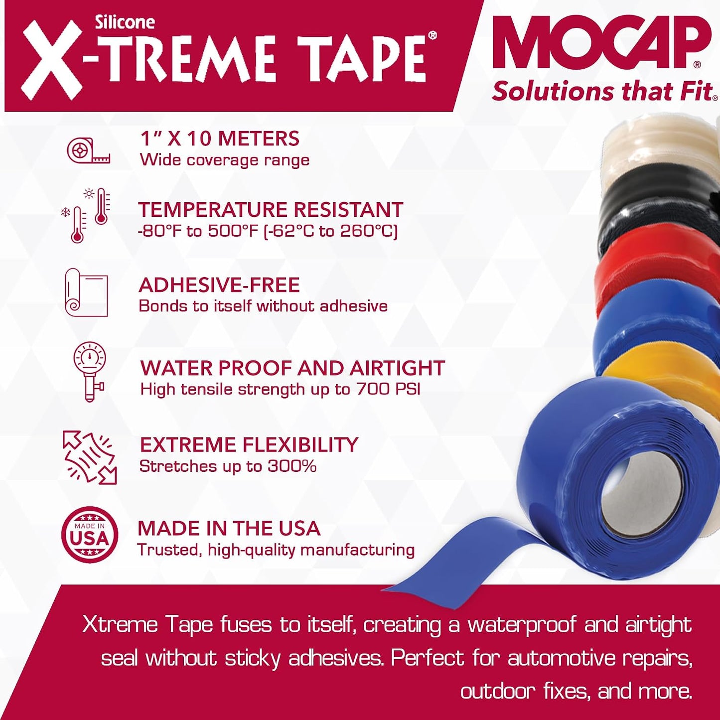 X-Treme Tape Self Fusing Silicone Tape - 1" x 10 Ft Roll - White | Heavy Duty Rubber Electrical Tape, Waterproof, For Automotive, Hose, Pipe, Outdoor & Emergency Repairs, Insulating, Flexible