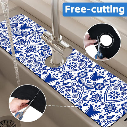 Abstract Watercolor Leaves Sink Faucet Absorbing Mat Sink Splash Guard Faucet Mat Draining Mat Fast Drying Sink Protectors for Kitchen and Bathroom 5.5"×15"