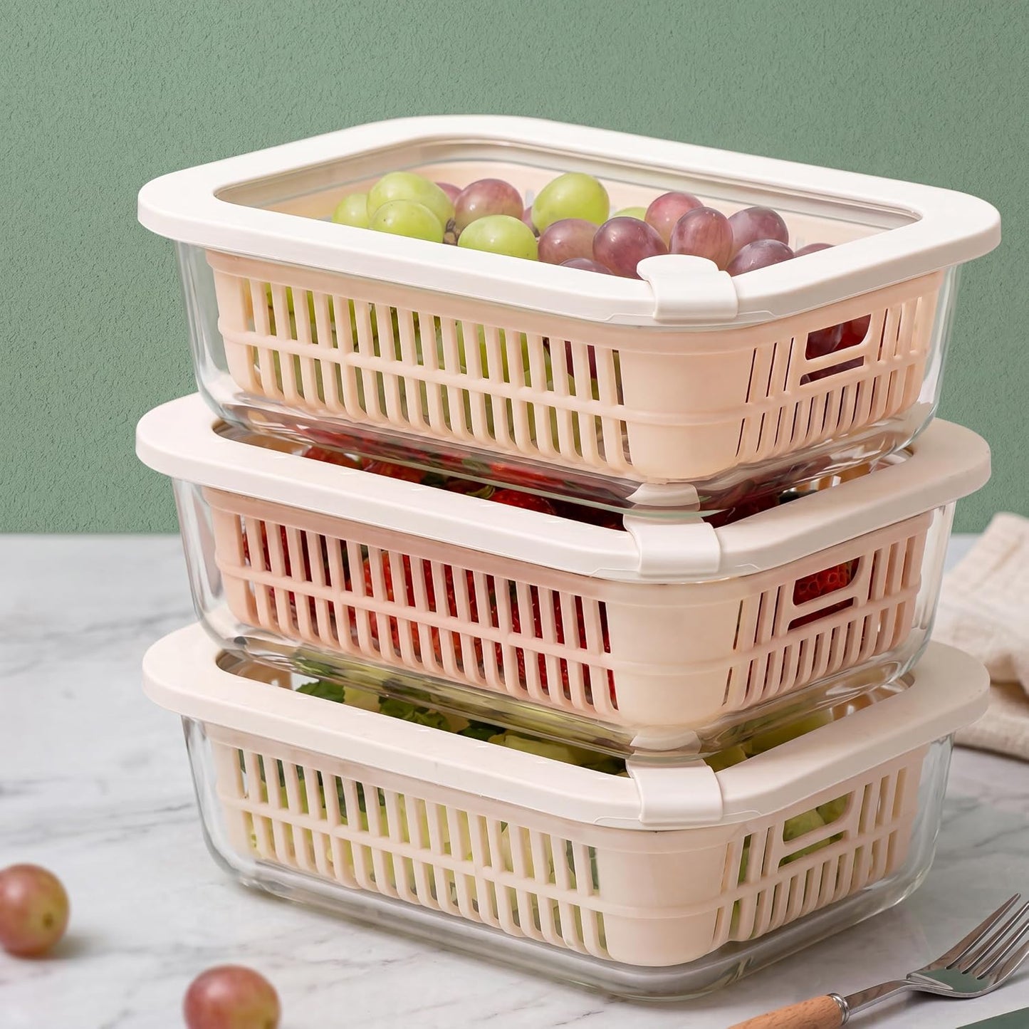 Glass Food Storage Containers with Glass Lids, Microwave Safe Food Container Set, Aitight Meal Prep Container Set, BPA Free, 2 extra Colanders, LeakProof, 2 Pack of 60oz