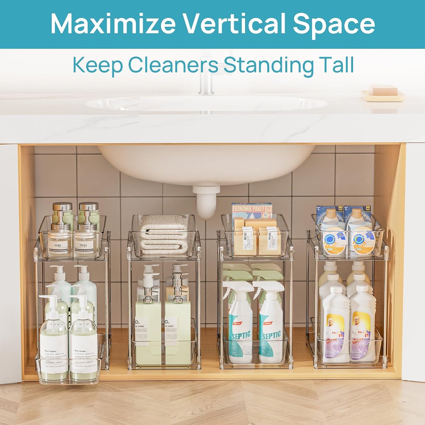 Vtopmart 2 Pack Pull Out Bathroom Under Sink Organizer (S-Standard) | Slide-out drawers, Multi-purpose storage, Clear visibility, Easy Set-up