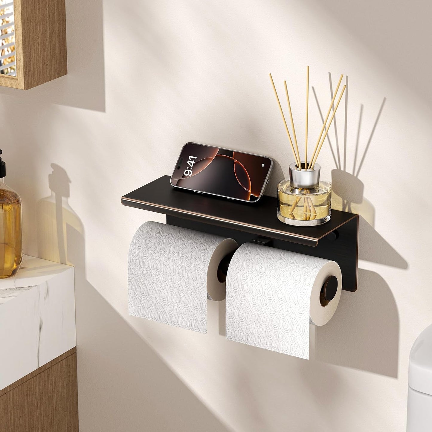 FORIOUS Toilet Paper Holder with Shelf, Commercial Toilet Paper Dispensers | Brushed Nickel | Wall Mount Bathroom Tissue Holder | SUS304 Stainless Steel Rustproof | Double Tissue Roll Holder