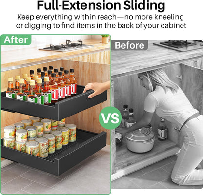 Pull out Cabinet Organizer, 21"Deep, Heavy Duty Full-Extension Slide out Drawers for Kitchen Cabinets with Nano Adhesive, Roll Out Shelf Sliding Cabinet for Pots, Bathroom, Pantry, Under Sink, White