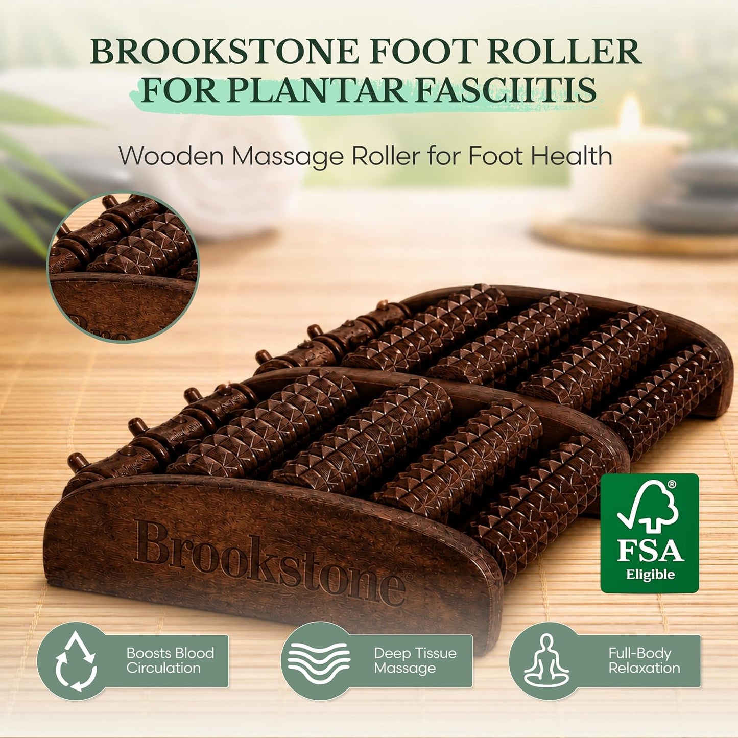 Brookstone Foot Massager Roller Plantar Fasciitis Pain Relief - Wooden Under Desk Feet Massage - Dual Manual Heel Massagers - Wood Rolling Acupressure Tool with Reflexology Guide - Gift for Men, Women