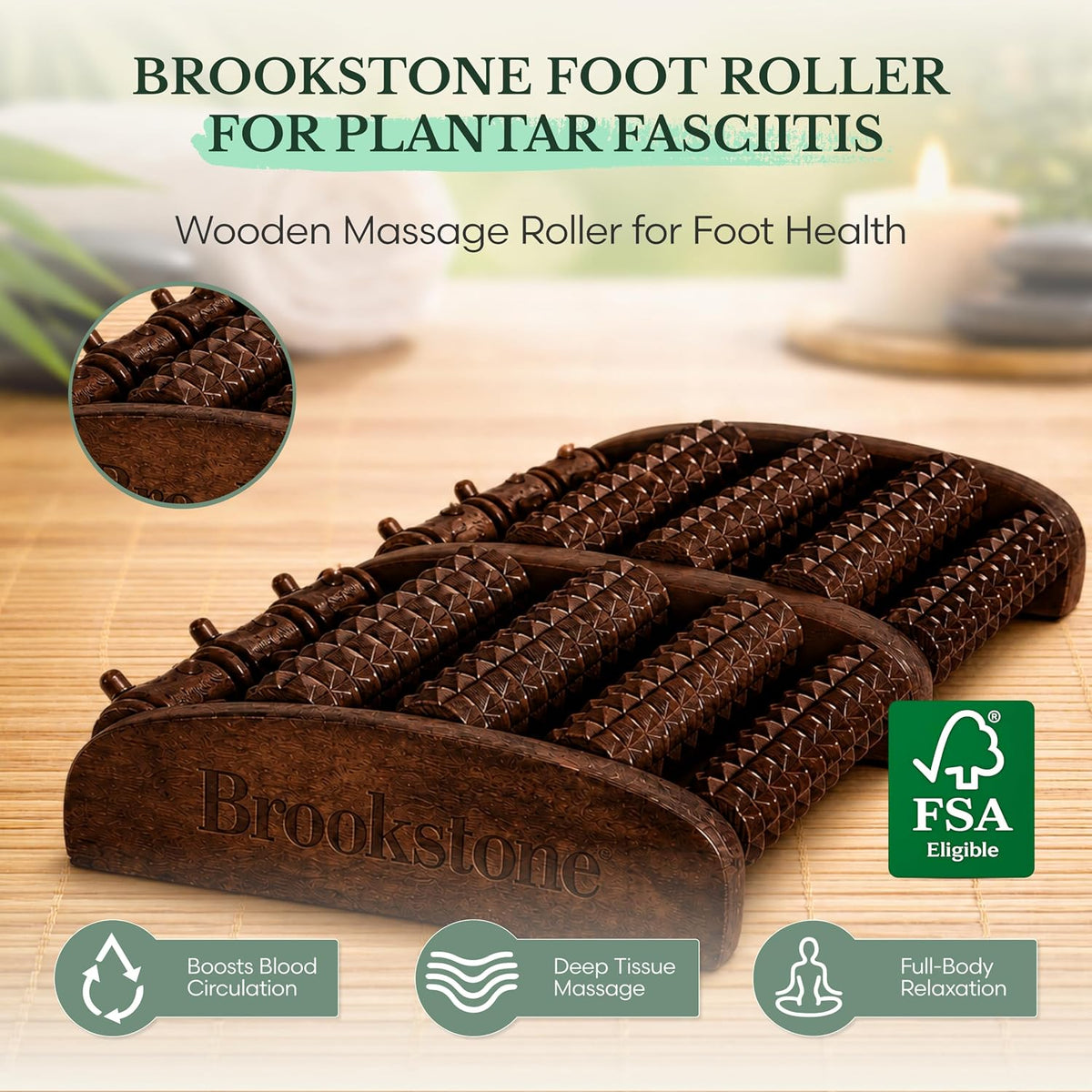 Brookstone Foot Massager Roller Plantar Fasciitis Pain Relief - Wooden Under Desk Feet Massage - Dual Manual Heel Massagers - Wood Rolling Acupressure Tool with Reflexology Guide - Gift for Men, Women