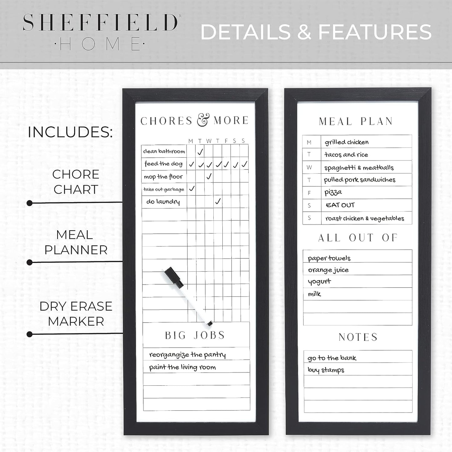 Sheffield Home Set of Two Family Planner Dry Erase Boards Featuring, Chore Chart, Shopping List, Weekly Meal Planner and Notes, 9x21 Inch, Natural