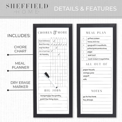 Sheffield Home Set of Two Family Planner Dry Erase Boards Featuring, Chore Chart, Shopping List, Weekly Meal Planner and Notes, 9x21 Inch, Natural