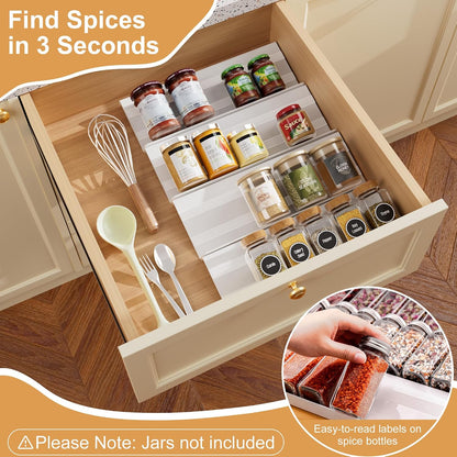 8-Pack Spice Drawer Organizer, Expandable Acrylic Seasoning Rack (13" to 26") with Anti-Slip Mat, Kitchen Spice Rack Holds up to 56 Jars (Jars Not Included)